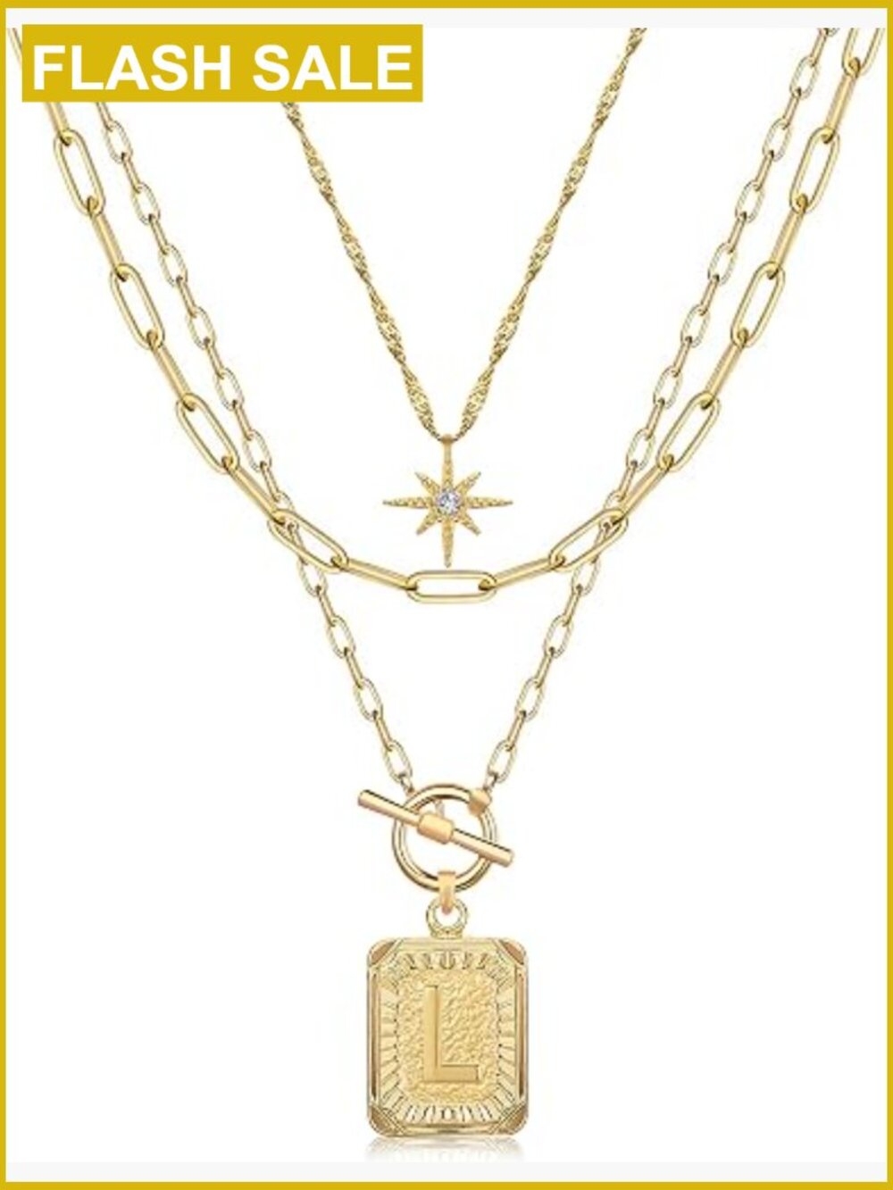 3-Layer Initial Choker Necklace Set Paperclip Chain 14-18in